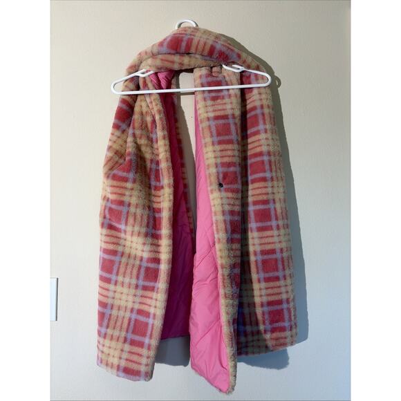 Shiraleah Reversible Plaid Faux Fur Pink Quilted Puffer Scarf Stole Pockets - Picture 3 of 6